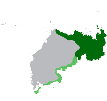 Greatest extent of the Waranjala Empire shown in green, with tributaries shown in light green